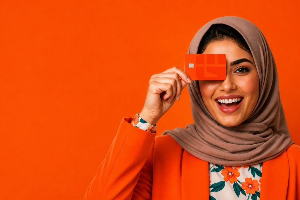 امرأة تحمل بطاقة دجيت باي